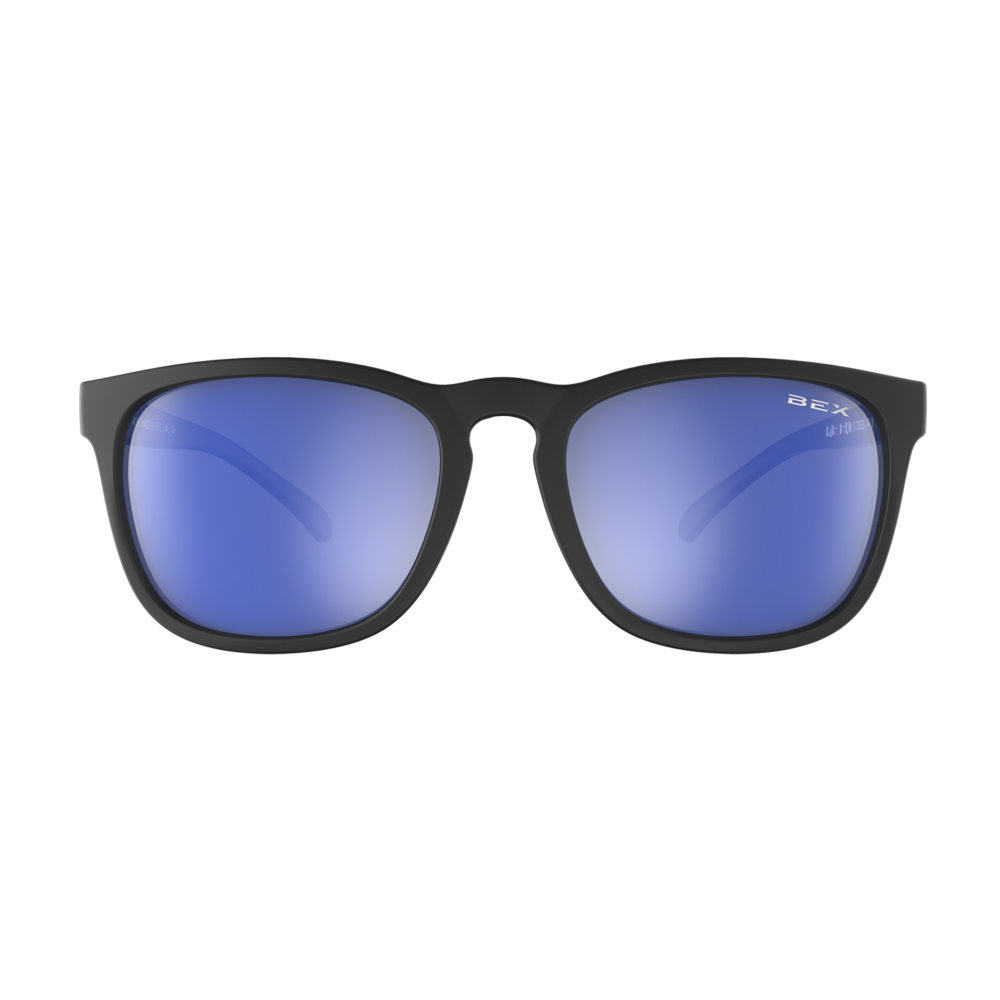 Black frame sunglasses with blue mirrored lenses, front view, modern eyewear accessory