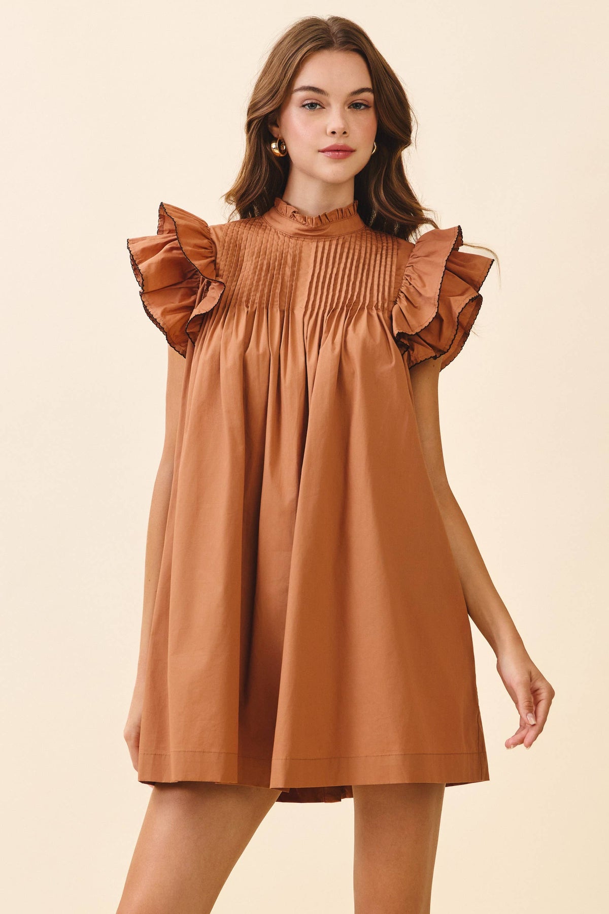 TCEC - CD06395-Back Button Down High Neck Babydoll Mini Dress