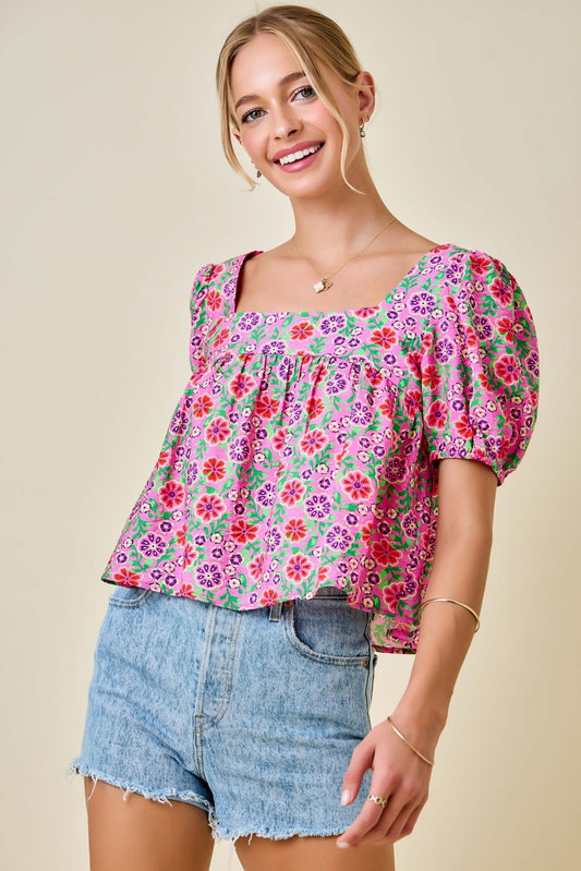 Floral Print Square Neck Puff Sleeve Cropped Top