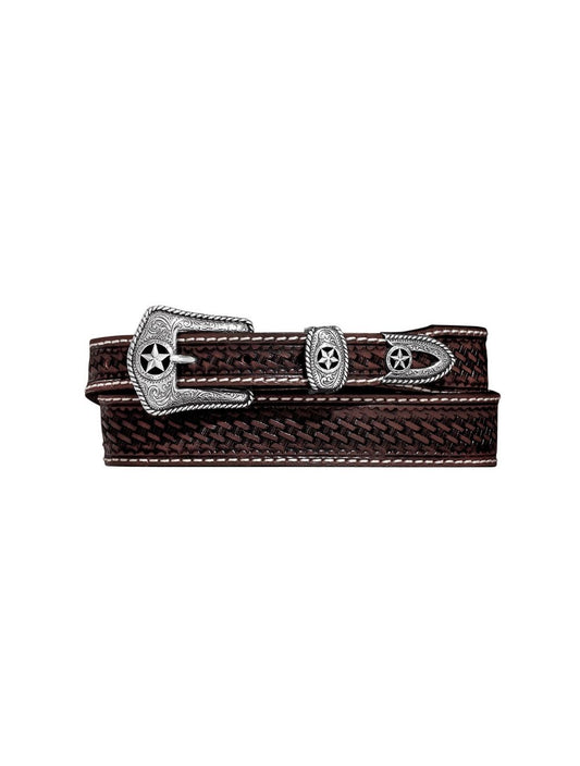 Brown woven belt with silver concho on a white background