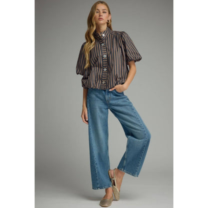Stripe short puff sleeve top