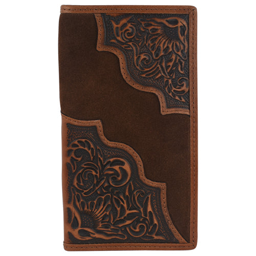 Brown leather wallet with intricate floral embossing on a white background