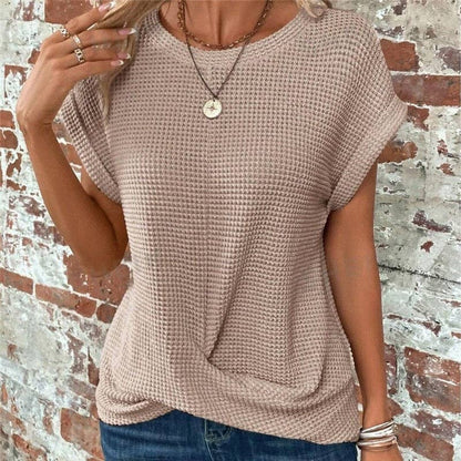 kycozy - Solid Color Round Neck Twist Short Sleeve T-Shirt