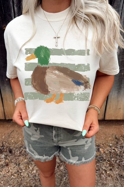 Western Print striped Duck Graffiti Round Neck T-Shirt