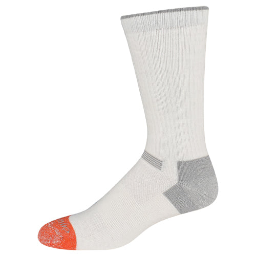 White sock with gray heel and orange toe on a white background