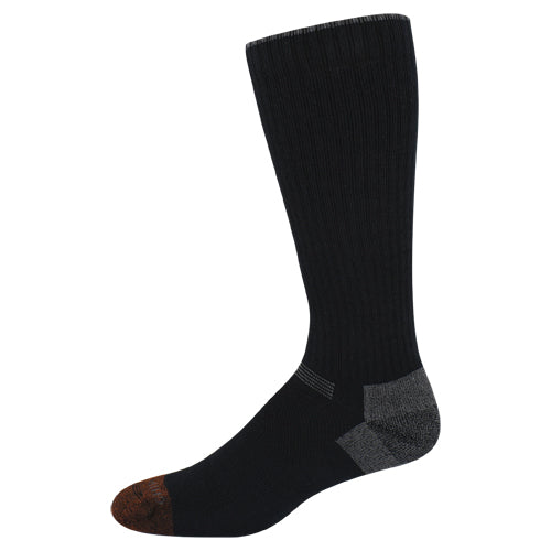 Black knee-high sock with brown toe on a white background