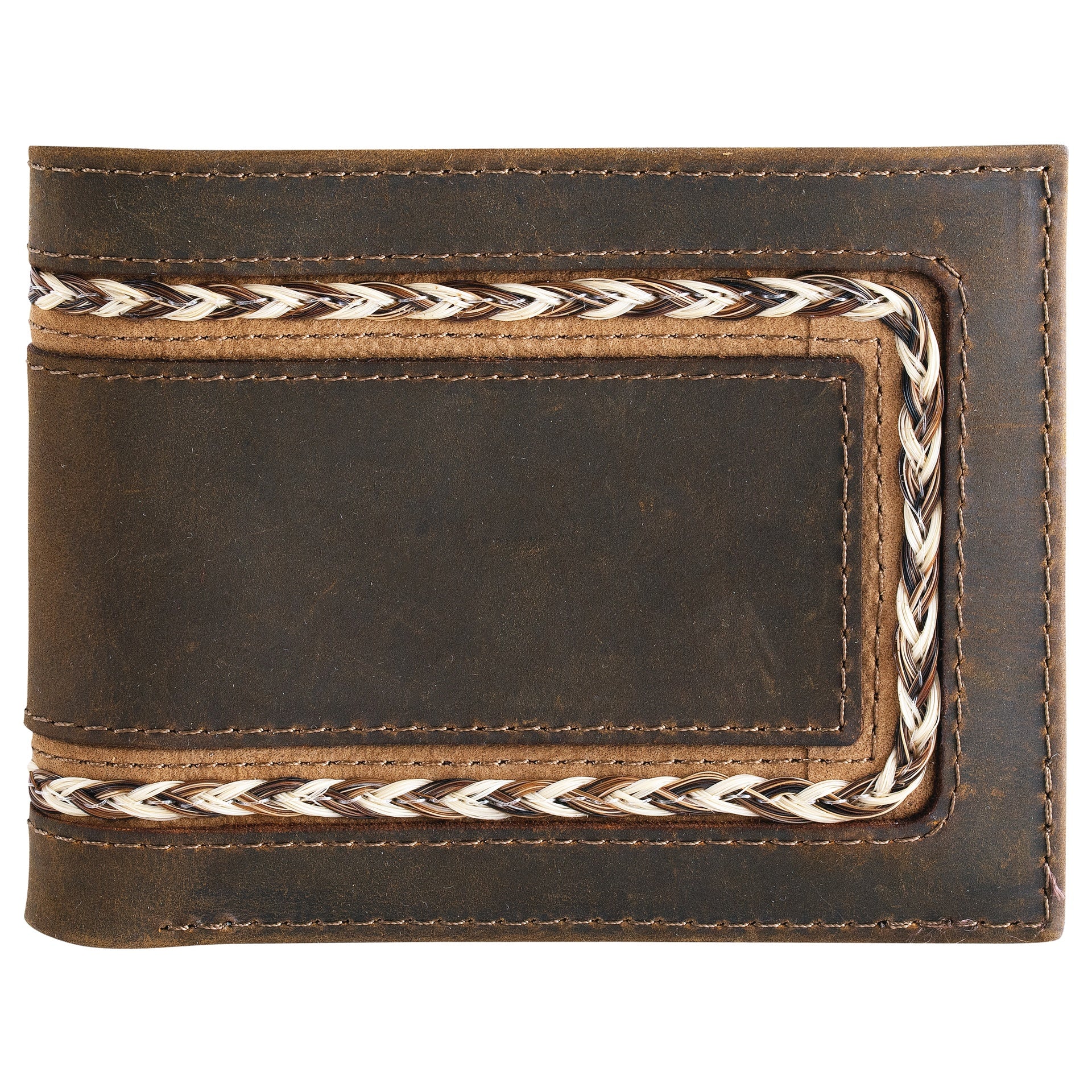Brown leather wallet with decorative stitching on a white background