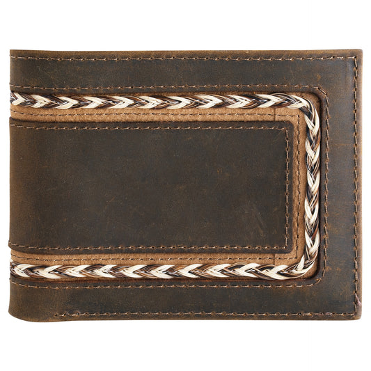 Brown leather wallet with decorative stitching on a white background