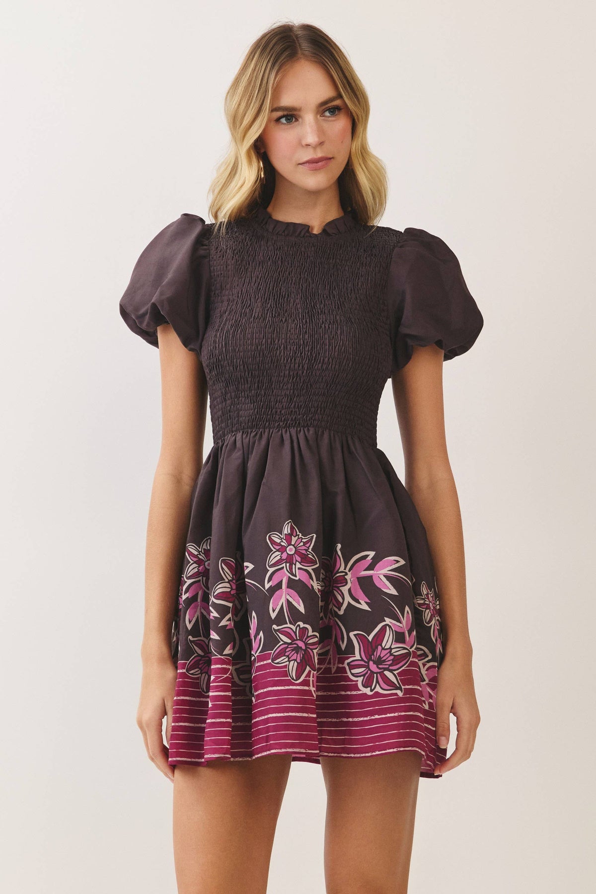 TCEC - CD07522-Floral Border Print Smocked Mini Dress