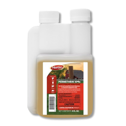 Martins Permethrin 10% insecticide 8 oz bottle with measuring chamber and red label