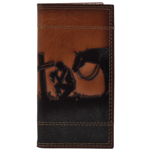 Brown leather wallet with horse and saddle design on a white background