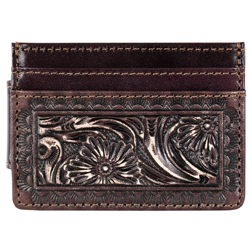 Brown leather cardholder with intricate floral embossing on a white background