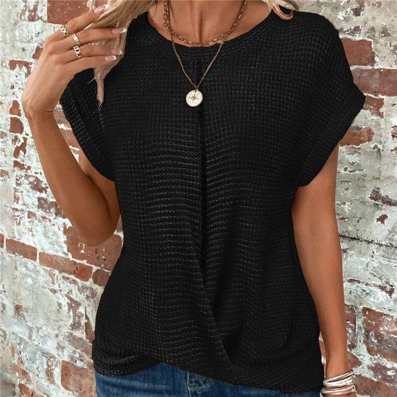 kycozy - Solid Color Round Neck Twist Short Sleeve T-Shirt