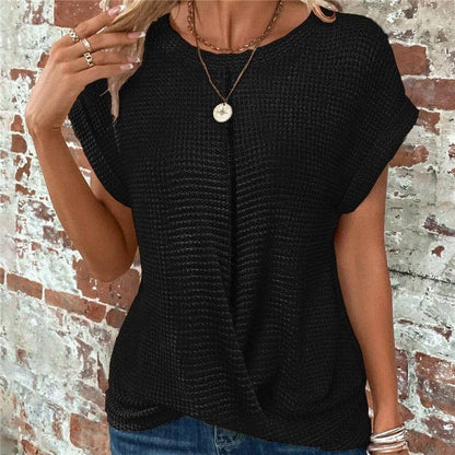 kycozy - Solid Color Round Neck Twist Short Sleeve T-Shirt