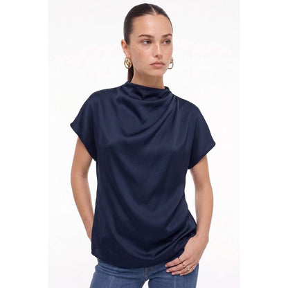 Naked Zebra - Mock Neck Draped Textured Satin Fall Blouse