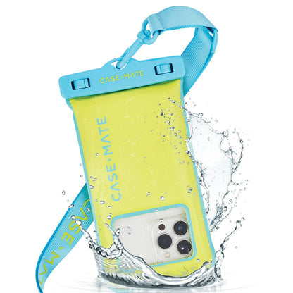 Yellow phone case with blue strap and 'Case-Mate' branding, showing water resistance.