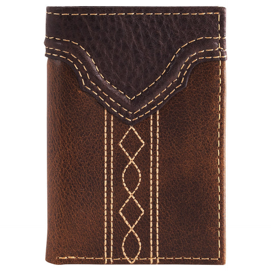 Brown leather wallet with decorative stitching on a white background