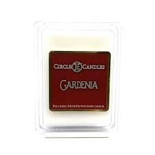 Circle E Candles Gardenia wax melt in clear plastic packaging, red label, floral scent home fragrance.
