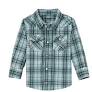 Green and white plaid long sleeve button-up shirt with chest pockets