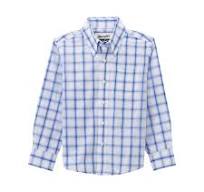 Men’s long sleeve button-up plaid shirt with blue and white check pattern