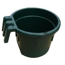Black round plastic utility bucket with side hooks, suitable for livestock or stable use