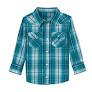 Men's long sleeve teal plaid flannel shirt with front chest pockets