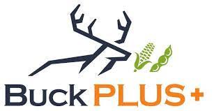 Buck Plus logo with deer antlers, corn, and soybean, wildlife food supplement branding.