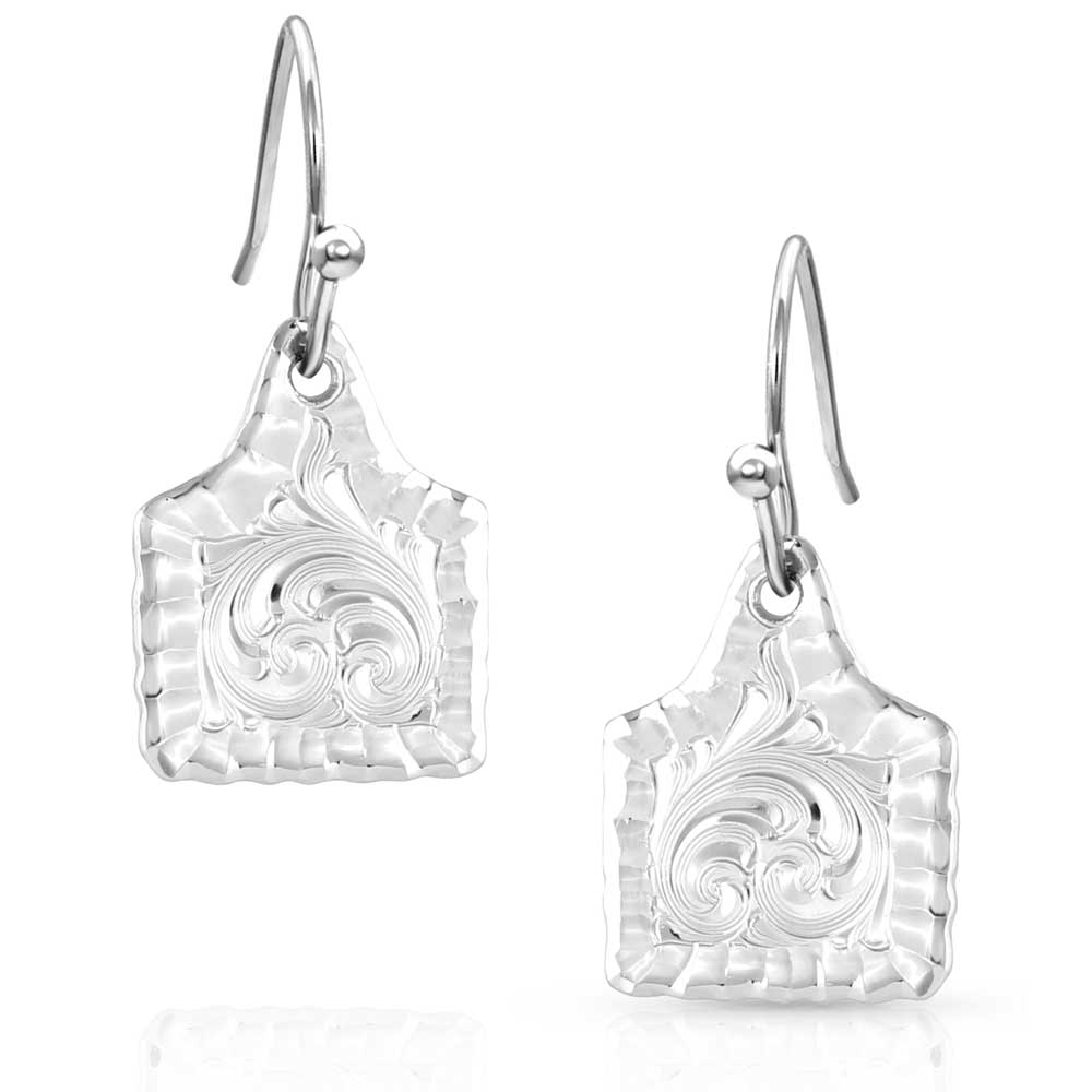 Silver earrings with intricate designs on a white background