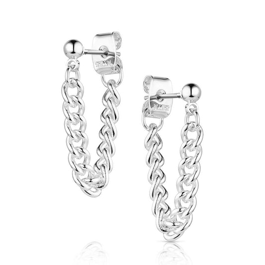 Pair of silver chain hoop earrings on a white background