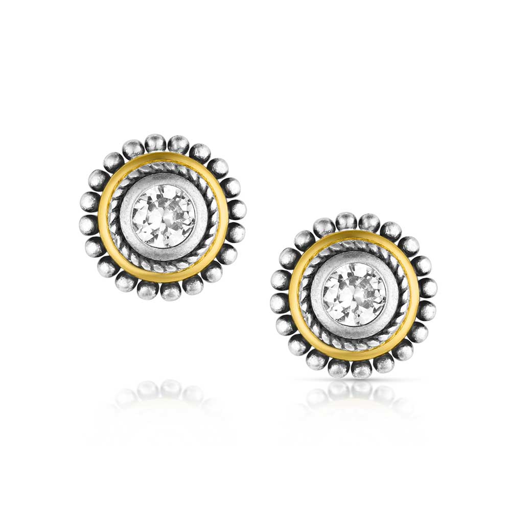 Pair of silver and gold earrings with clear gemstones on a white background