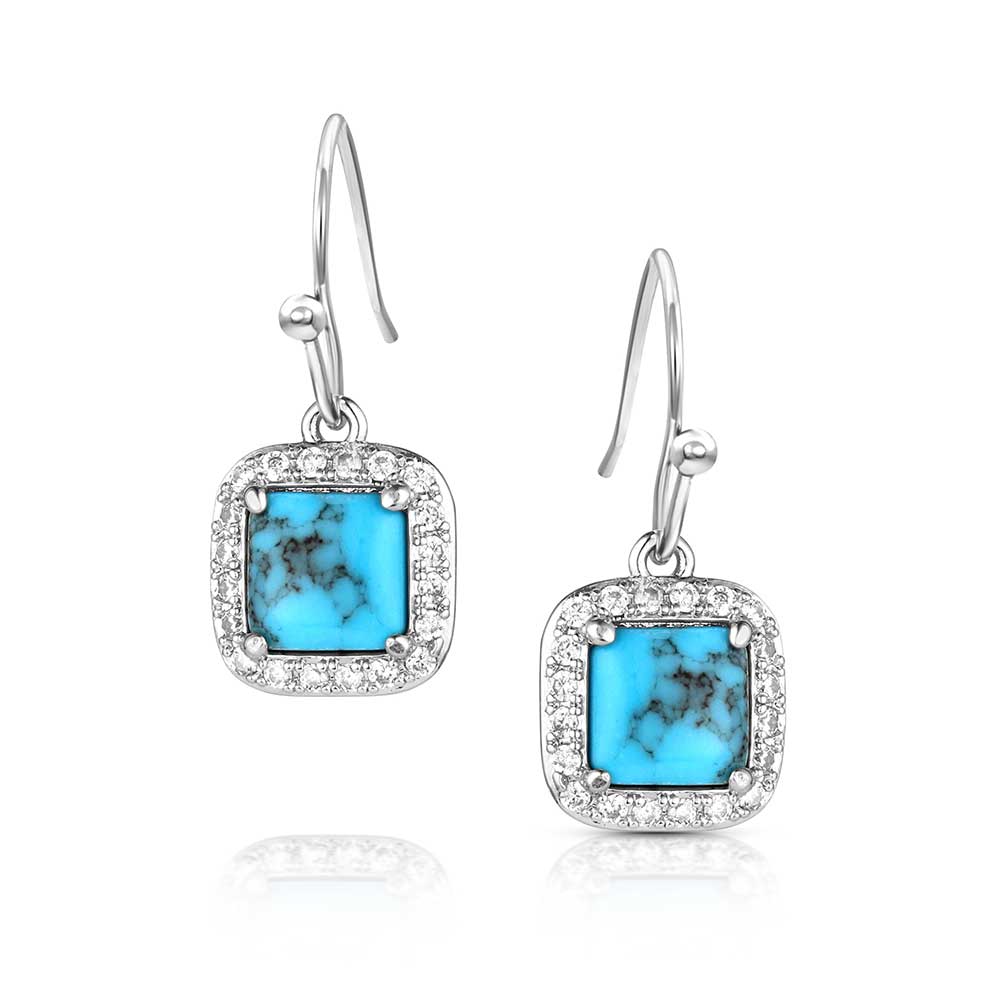 Pair of earrings with turquoise stones and silver frames on a white background