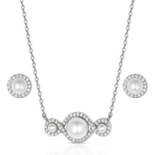 Pearl necklace and earrings set on a white background