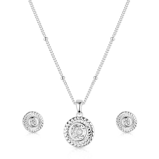 Silver jewelry set with necklace and earrings on a white background