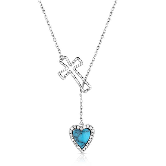 Necklace with a turquoise heart pendant and cross on a white background
