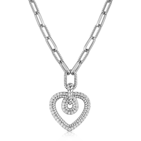 Silver heart-shaped pendant necklace on a white background