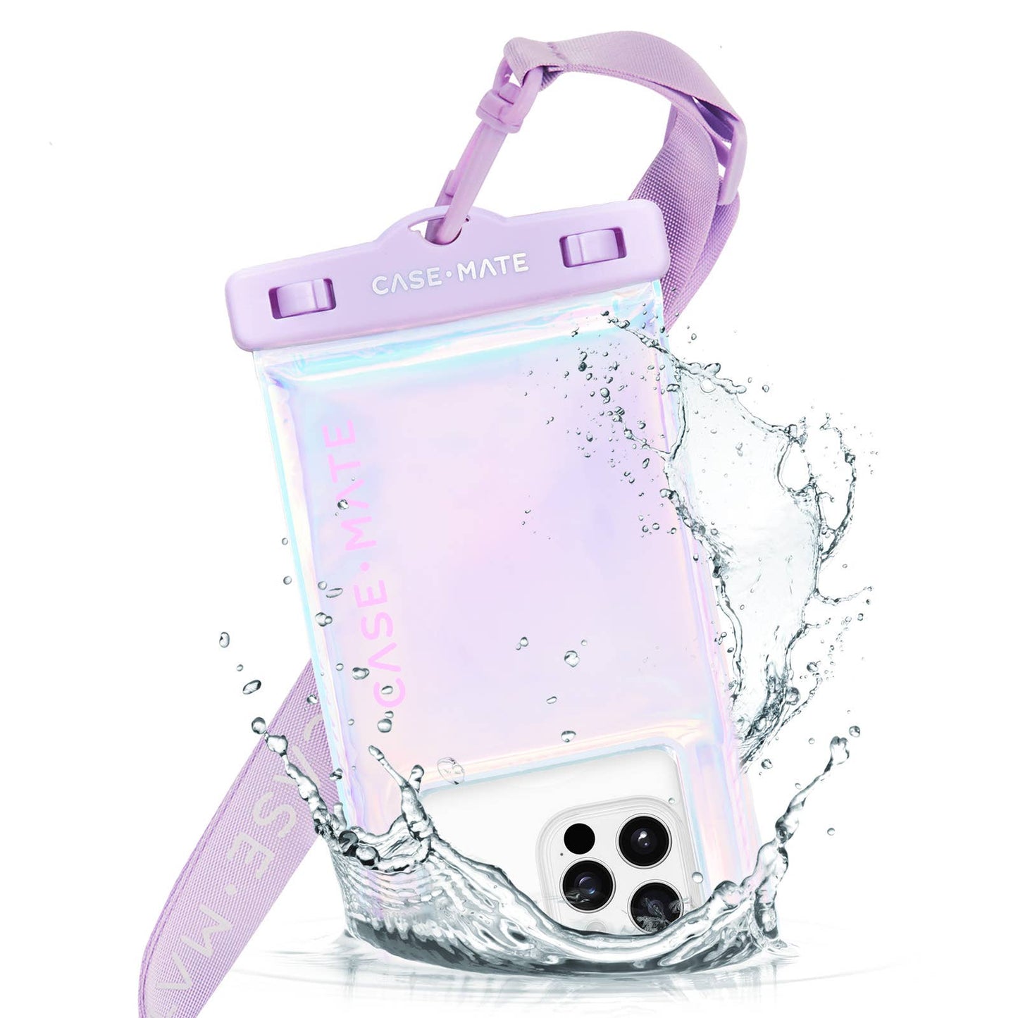 Purple phone case with water splash effect on a white background