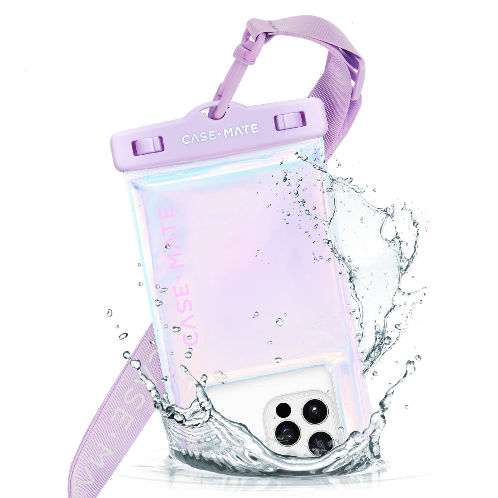 Purple phone case with water splash effect on a white background
