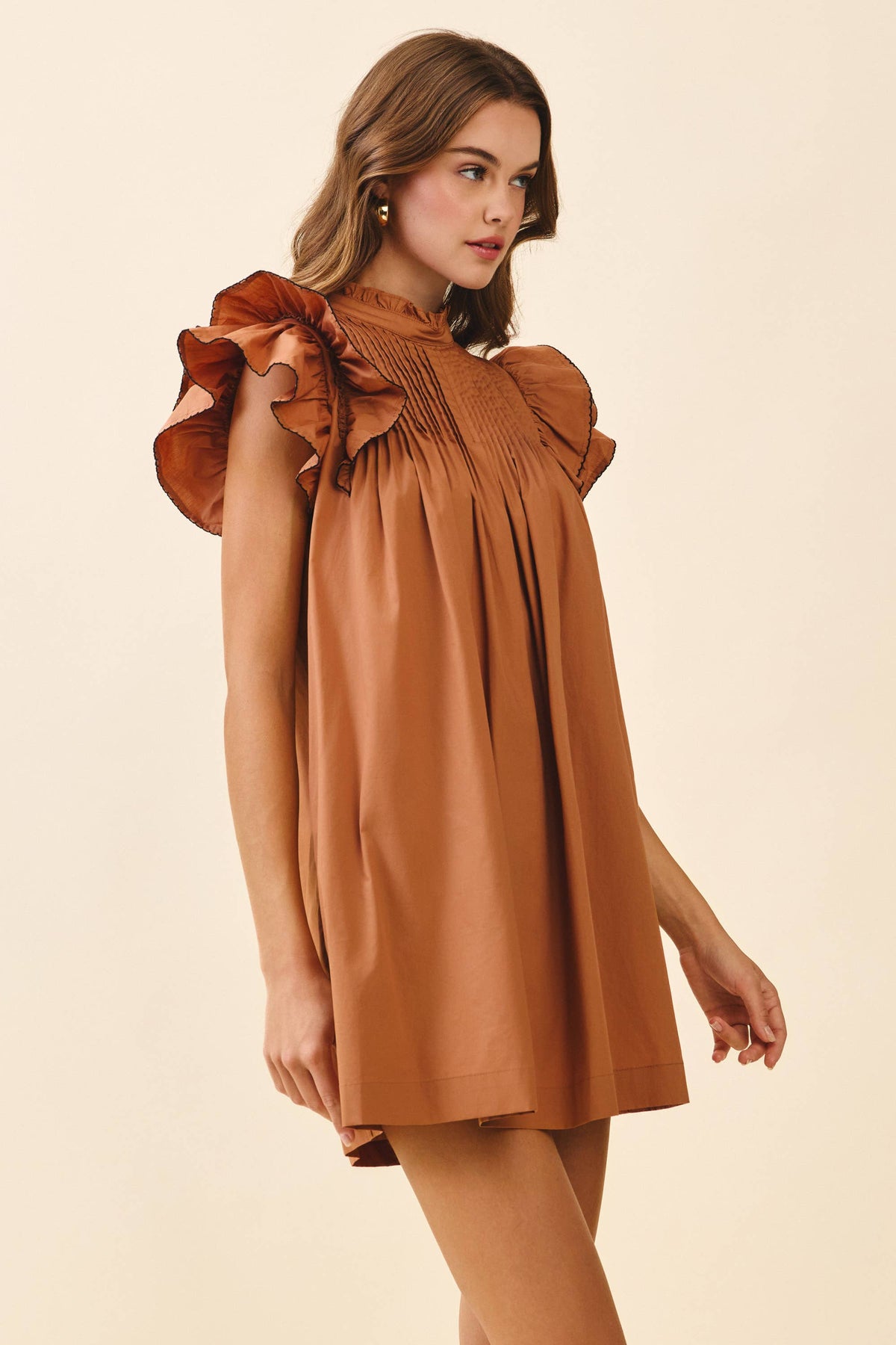 TCEC - CD06395-Back Button Down High Neck Babydoll Mini Dress