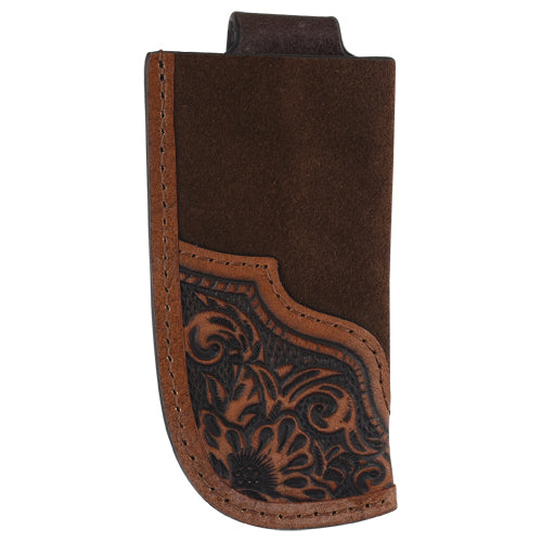 Brown leather phone case with intricate floral tooling on a white background