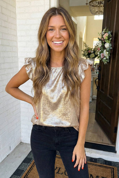 Metallic Round Neck Ruffle Trim Sleeveless Top