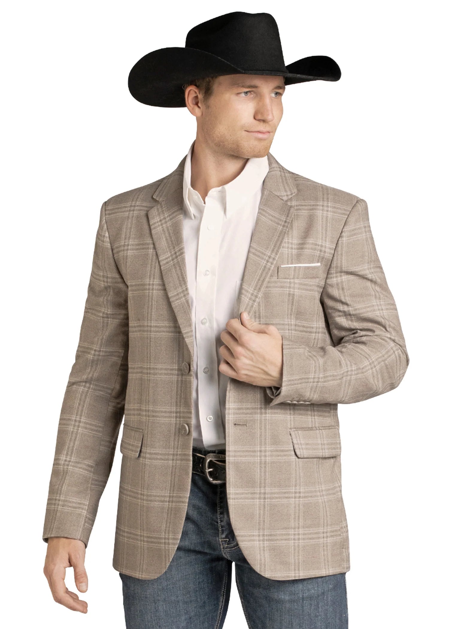 Man in a tan plaid blazer, white dress shirt, jeans, and black cowboy hat