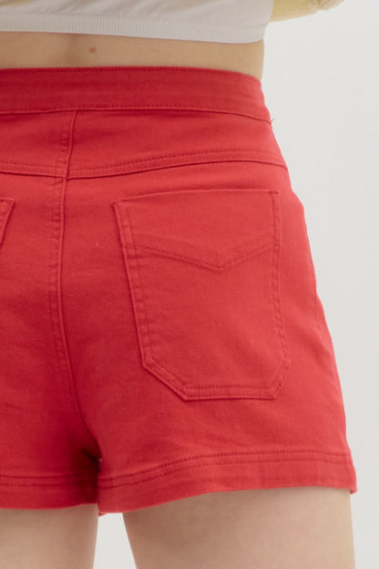 Entro - Red Pleated Denim Shorts P26350