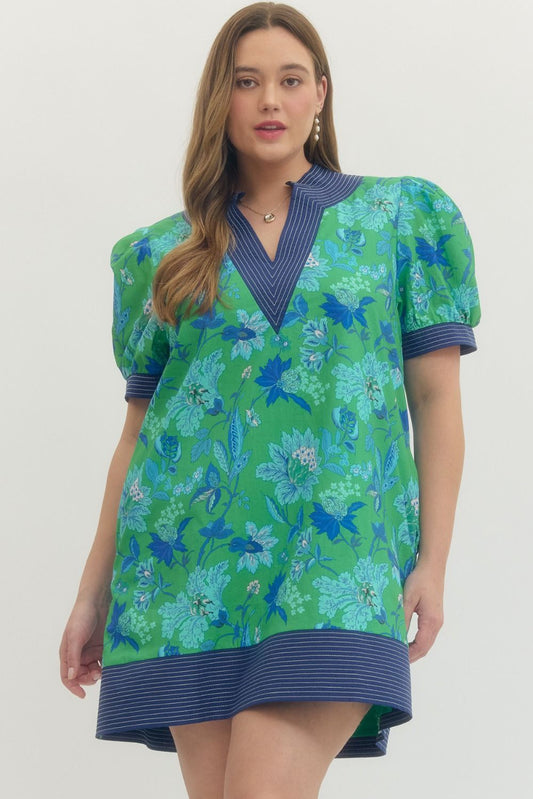 Floral print short puff sleeve pullover mini dress