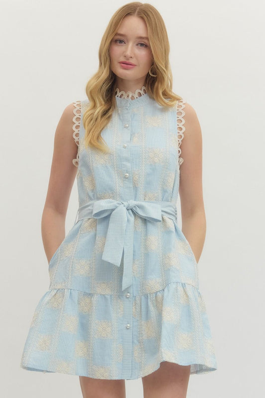 Gingham embroidered sleeveless mini dress