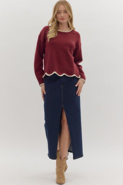 Burgundy Scalloped Sweater