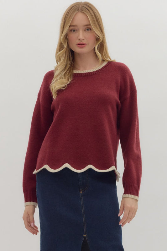 Burgundy Scalloped Sweater