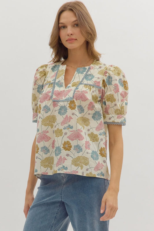 Botanical Print Puff Sleeve Top