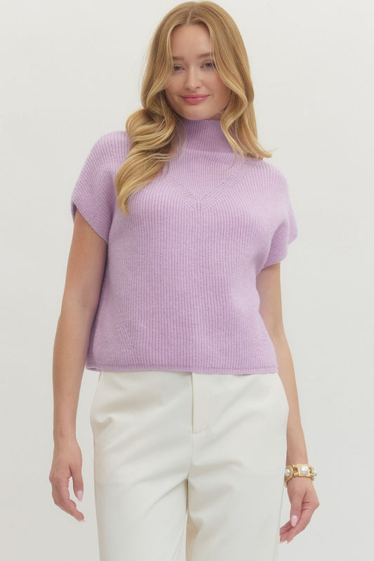 Solid cap sleeve mock neck sweater knit top - Lavender