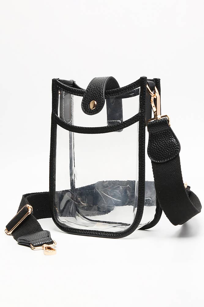 Clear handbag with black straps on a white background
