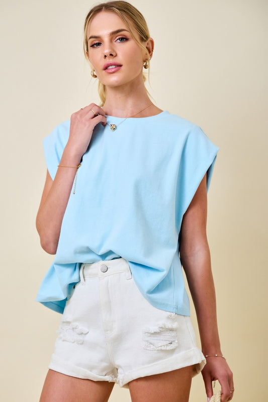 Easy Extended Shoulder Cap Sleeve Basic Boxy Lounge Tee Top
